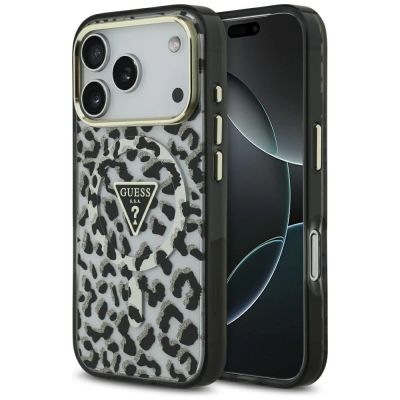 Guess Leopard Glitter MagSafe Hülle für iPhone 17 Pro - Schwarz