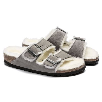 4. Birkenstock Arizona Shearling Stone Coin Wildleder mit Lammwolle Regular Wide Slides für Damen/Herren (1017402)