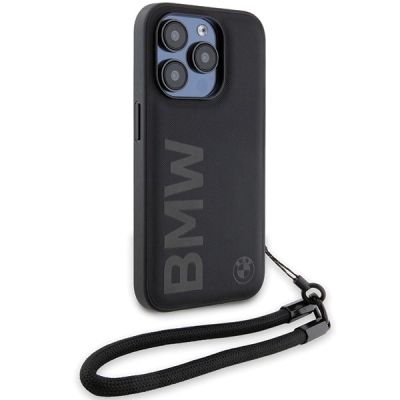 3. BMW Signature Leder-Wordmark-Cord-Hülle für iPhone 15 Pro – Schwarz