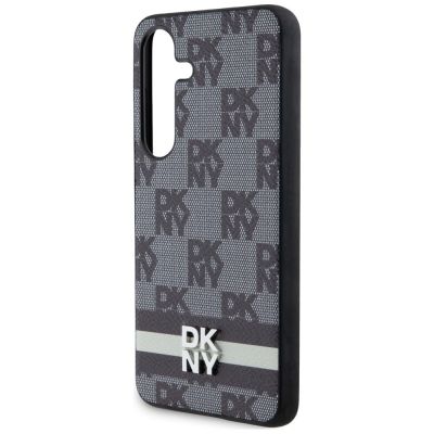 7. DKNY Lederhülle mit kariertem Monomuster und bedruckten Streifen für Samsung Galaxy S24+ – Schwarz