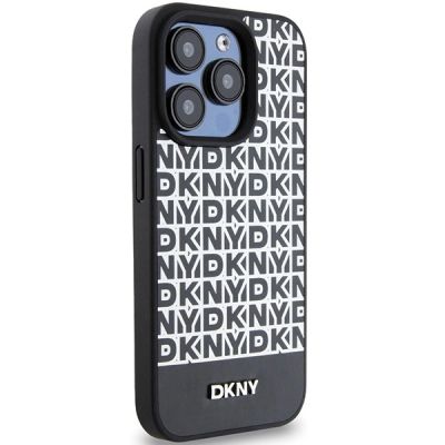 4. DKNY MagSafe Lederhülle mit bedrucktem Muster und Metalllogo für iPhone 15 Pro – Schwarz