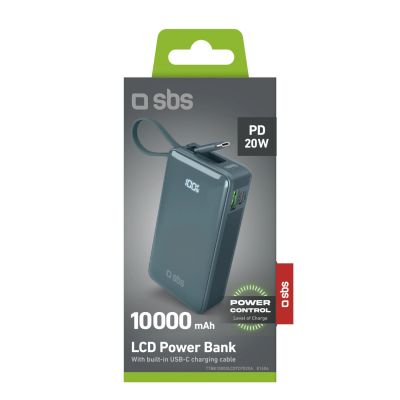 2. Powerbank SBS 10000 mAh 20W mit integriertem USB-C-Kabel und Digitalanzeige - grau