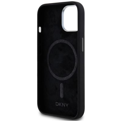 7. DKNY Flüssigsilikon-MagSafe-Hülle mit kleinem Metalllogo für iPhone 14/15/13 – Schwarz