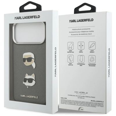 8. Karl Lagerfeld FW Grained Karl & Choupette Heads Pins & Logo iPhone 17 Pro Max Hülle - Grau