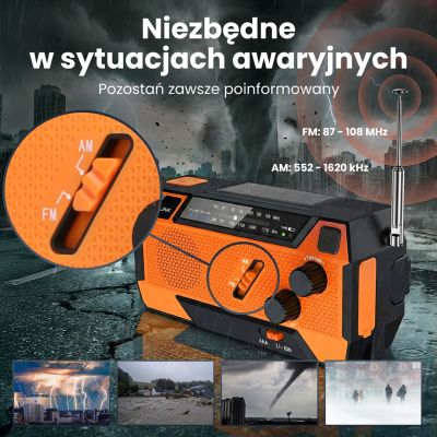 45. Extralink Solar-Notfallradio mit Kurbeldynamo-Powerbank (4000 mAh) und SOS-Taschenlampe SR-4000, tragbar, analog, Schwarz/Orange