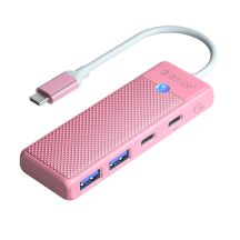Orico PAPW2AC-C3-C3 USB-Hub mit 4 Anschlüssen (2x USB-A 3.0, 1x USB-C 3.0) mit USB-C PD (100 W Ladeleistung), 0,15 m Kabellänge – Pink