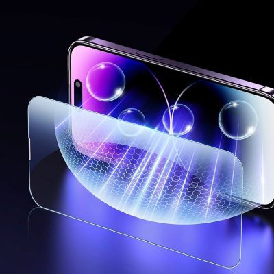 15. Baseus Vollbild-Hartglas für iPhone 14 Pro Max mit Anti-Blaulichtfilter und 0,3-mm-Lautsprecherabdeckung + Montagerahmen