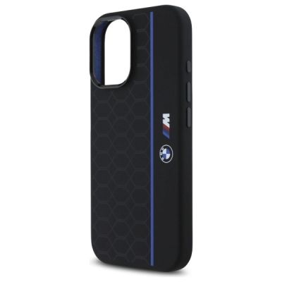 6. BMW Silikon-Hülle mit sechseckigem, blauem Streifen und MagSafe-Funktion für iPhone 16 – Schwarz