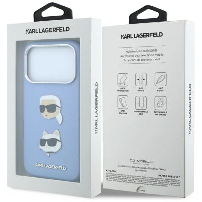 8. Karl Lagerfeld Saffiano Hülle mit Karl & Choupette Köpfen Pins & Logo für iPhone 18 Pro / 17 Pro - hellblau
