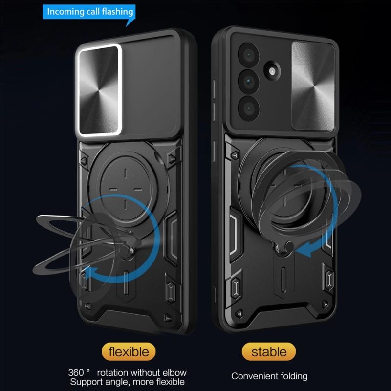 3. Samsung Galaxy A17 4G / A17 5G / A18 / A26 Hülle mit Ständer und verschiebbarer Objektivabdeckung – Schwarz