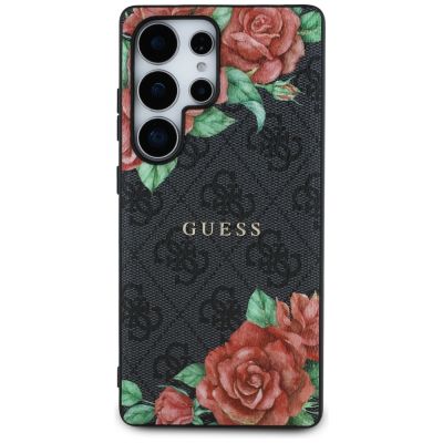 3. Guess Leather 4G Flowers Print Metal Classic Logo MagSafe Hülle für Samsung Galaxy S25 Ultra - Schwarz