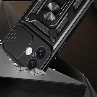 2. Hybrid Armor Camshield iPhone 16 Plus Panzerhülle mit Kameraabdeckung und Ständer – Schwarz