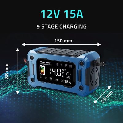 6. QOLTEC Ladegerät 12V 15A | Gleichrichter für AGM-, Gel- und LiFePO4-Akkus | LCD