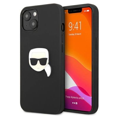 Karl Lagerfeld Leder Ikonik Karl's Head Metallhülle für iPhone 13 mini - Schwarz