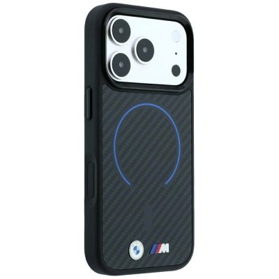 4. BMW M Kevlar Blue Print Ring Metal Logo MagSafe Hülle für iPhone 18 Pro Max / 17 Pro Max - Schwarz