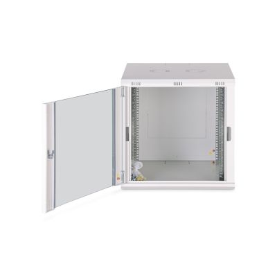 6. Digitus DYNAmic 19" 12U 600x600 Wand-Netzwerkschrank, Glastür, grau, ungeteilt, montiert, 60 kg