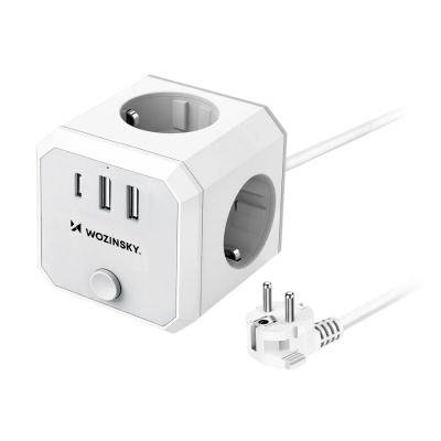 Wozinsky WKZ-3B Power Cube 3x Netzanschluss, 2x USB-A, 1x USB-C, 4000 W mit 1,8 m Kabel – Weiß