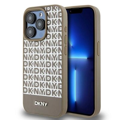 DKNY MagSafe-Hülle aus Leder mit bedrucktem Muster und Metalllogo für iPhone 15 Pro Max, Braun