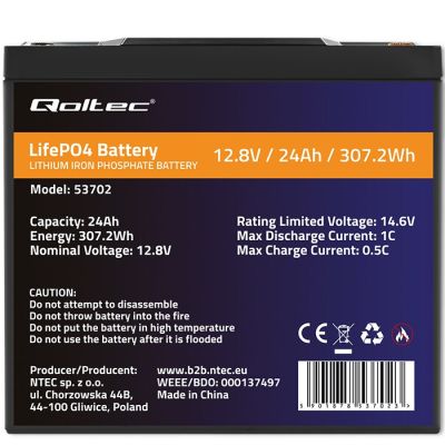 5. QOLTEC LIFEPO4 Lithium-Eisenphosphat-Akku | 12,8 V | 24 Ah | 307,2 Wh | BMS