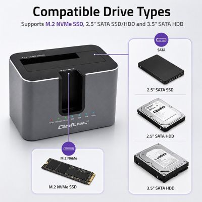 3. Qoltec 52631 HDD/SSD-Dockingstation | SATA | M.2 NVMe | Klonen | USB-C | 10 Gbit/s | 28 TB