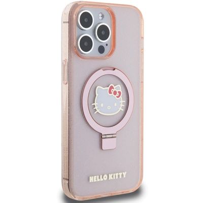 4. Hello Kitty Ringständer Glitzer Electrop Logo MagSafe Hülle für iPhone 15 Pro Max – Pink