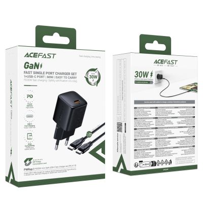 9. Acefast A118 30W GaN USB-C Wandladegerät mit USB-C-Kabel (1,2 m) – Schwarz