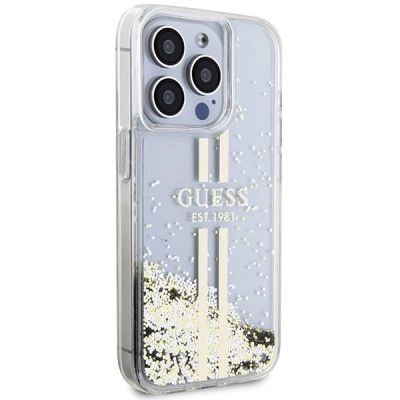 4. Guess Liquid Glitter Gold Stripes Hülle für iPhone 15 Pro Max – transparent