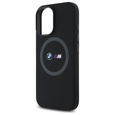6. BMW M Silikonhülle mit bedrucktem Ring und MagSafe-Aufdruck für iPhone 16 – Schwarz