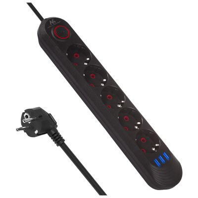 MACLEAN Steckdosenleiste, Verlängerungskabel, 5 Steckdosen + 3 USB-Anschlüsse, 110–240 V Wechselstrom, 50/60 Hz, max. 2,1 A, 2500 W, 1,5 m, Schwarz, MCE395 B