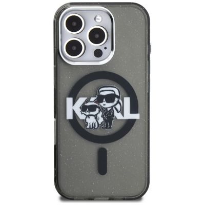 3. Karl Lagerfeld IML Glitter Karl & Choupette Sketch Logo MagSafe Hülle für iPhone 16 Pro - Schwarz