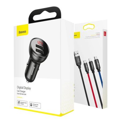 17. Baseus Autoladegerät 2x USB 4,8A 24W mit LCD + 3ins1 Kabel USB - USB Typ C / micro USB / Lightning schwarz (TZCCBX-0G)