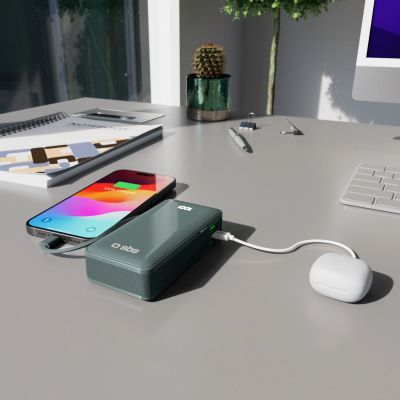 10. Powerbank SBS 10000 mAh 20W mit integriertem USB-C-Kabel und Digitalanzeige - grau