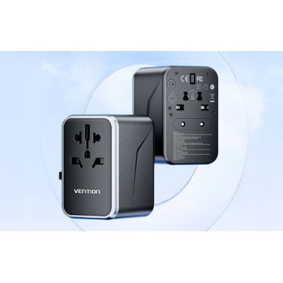 10. Vention 65W GaN Universal-Reiseadapter mit Ladegerät, 2x USB-A, 2x USB-C, Schwarz