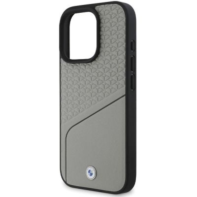 5. BMW Logo Lederstruktur und Line MagSafe Hülle für iPhone 16 Pro - Grau