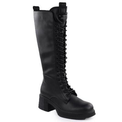 Damen-Lederstiefel im Offiziersstil mit Schnürung und Blockabsatz, schwarz, Vinceza 66804