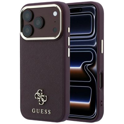 Guess Saffiano Small 4G & Classic Logo MagSafe Hülle für iPhone 18 Pro / 17 Pro - Burgunderrot