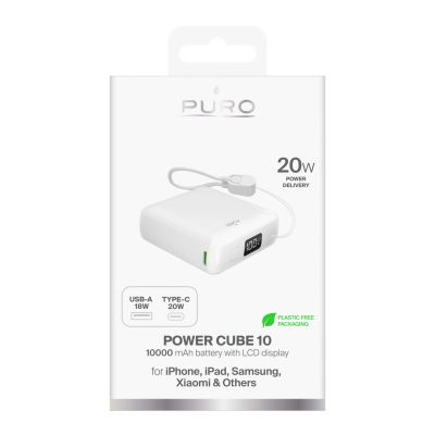 2. Puro 10000mAh 20W USB-C/USB-A Powerbank mit Display und integriertem USB-C-Kabel – Weiß