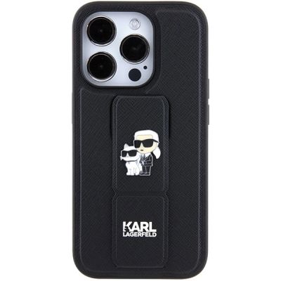 4. Karl Lagerfeld Gripstand Saffiano Karl&Choupette Pins Hülle für iPhone 15 Pro – Schwarz