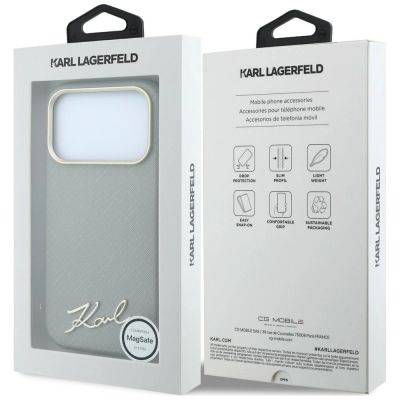 8. Karl Lagerfeld Saffiano MagSafe Hülle mit kleinem Schriftzug und Metalllogo für iPhone 17 Pro Max / 18 Pro Max – Beige