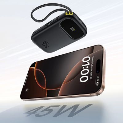 7. Baseus EnerFill FC31 10000mAh 45W Powerbank mit USB-C- und Lightning Kabeln – Schwarz