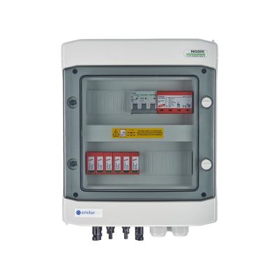 Hermetischer DC/AC-EMITER-Anschlusskasten IP65 mit Dehn 1000-V-DC-Überspannungsableiter Typ 2, 2 x PV-String, 2 x MPPT // Dehn-AC-Begrenzer Typ 1+2, 10 A, 3-polig