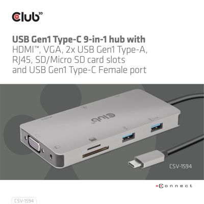 16. CLUB3D CSV-1594 USB 3.2 Gen 1 (3.1 Gen 1) Typ-C Dockingstation, Schwarz, Grau