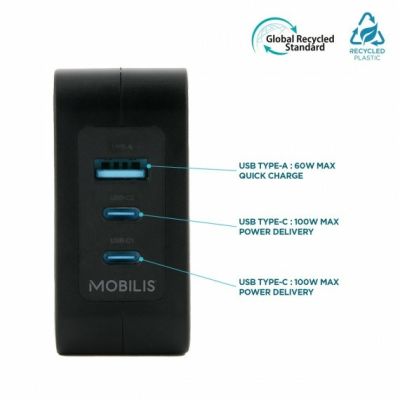 3. Mobilis Ladegerät 100W 2USB C 1USB A GaN-Kabel 100W Laptop, Smartphone, Tablet Schwarz Wechselstrom intern