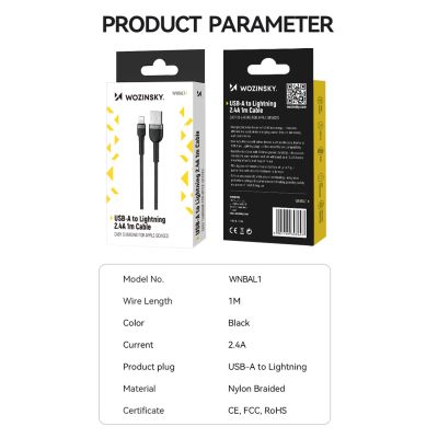 5. Wozinsky WNBAL1 USB-A / Lightning 2,4A Kabel 1 m - Schwarz