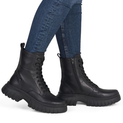 6. Schwarze Damen-Ankle-Boots aus Leder mit dicken Sohlen, Rieker W1870-02