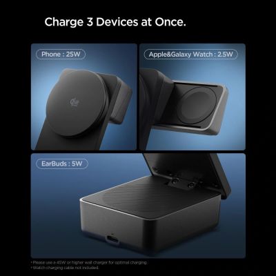 8. Spigen Essential Qi2.2 25W 3-in-1 MagSafe Magnetisches Kabelloses Ladegerät – Schwarz