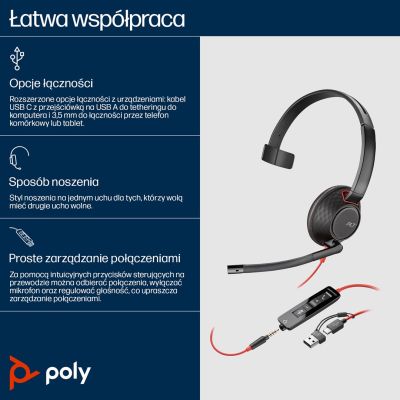 54. POLY Blackwire 5210 Einohr-USB-C-Headset + 3,5-mm-Klinkenstecker + USB-C/A-Adapter