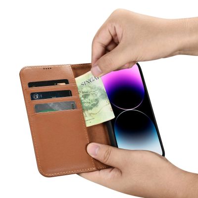 12. iCarer Wallet Case 2in1 Cover iPhone 14 Pro Max Leder Flip Cover Anti-RFID Braun (WMI14220728-BN)