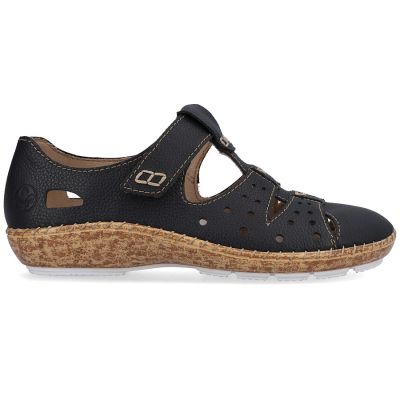 2. Damen-Lederschuhe mit Lochmuster, bequem, mit Klettverschluss, schwarz, Rieker 44852-14