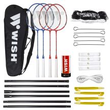 WISH ALUMTEC 5566 Badminton-Set: 4 Schläger + 3 Federbälle + Netz + Schnur